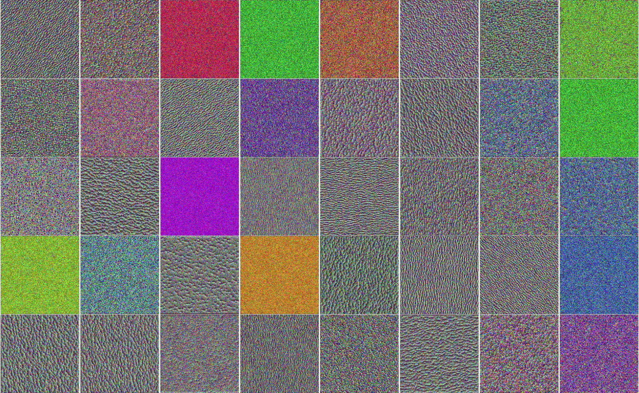 The hypothetical images that maximize the activations for 40 different neurons. These neurons seem to pull out features related to color and edge orientations.