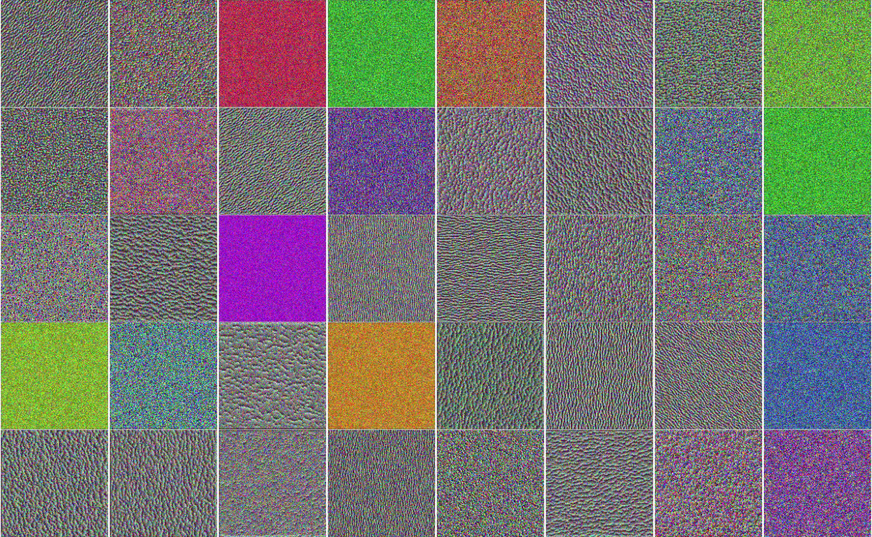 The hypothetical images that maximize the activations for 40 different neurons. These neurons seem to pull out features related to color and edge orientations.