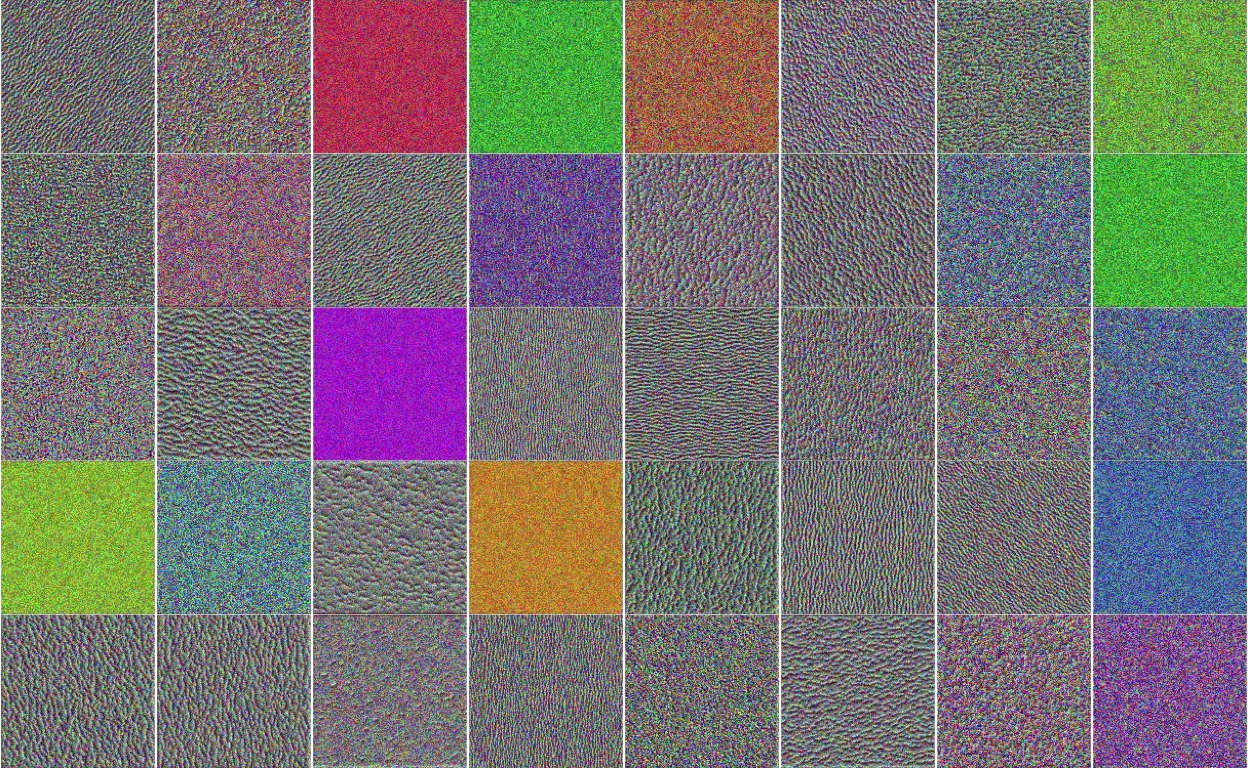 The hypothetical images that maximize the activations for 40 different neurons. These neurons seem to pull out features related to color and edge orientations.